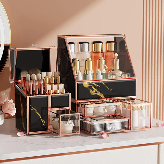 Dluxe Ave. CoralHouse Black Makeup Organizer –Makeup Organizer for VanityMulti-Purpose Glass Makeup Organizer Countertop Large Skincare Organizers Exquisite Vanity Organizer