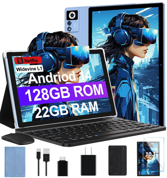 Dluxe Ave. 2025 Android 14 Tablet 22GB RAM 128GB ROM 1TB Expand 10.1 inch 8000mAh Octa-Core Tablet with Keyboard & Mouse HD IPS Display 5G Wi-Fi Bluetooth 5.0 GPS Widevine L1 Split Screen -Metal Blue