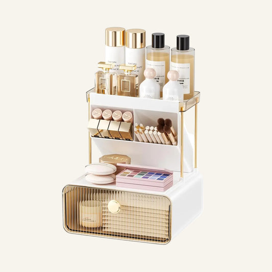 Dluxe Ave. Anlynwooh Makeup Organizer with Drawer Bathroom Organizers and Storage，Makeup Brush HolderLipstick and Perfume OrganizerCosmetic and Vanity OrganizerDesk Organizer (AMBER)