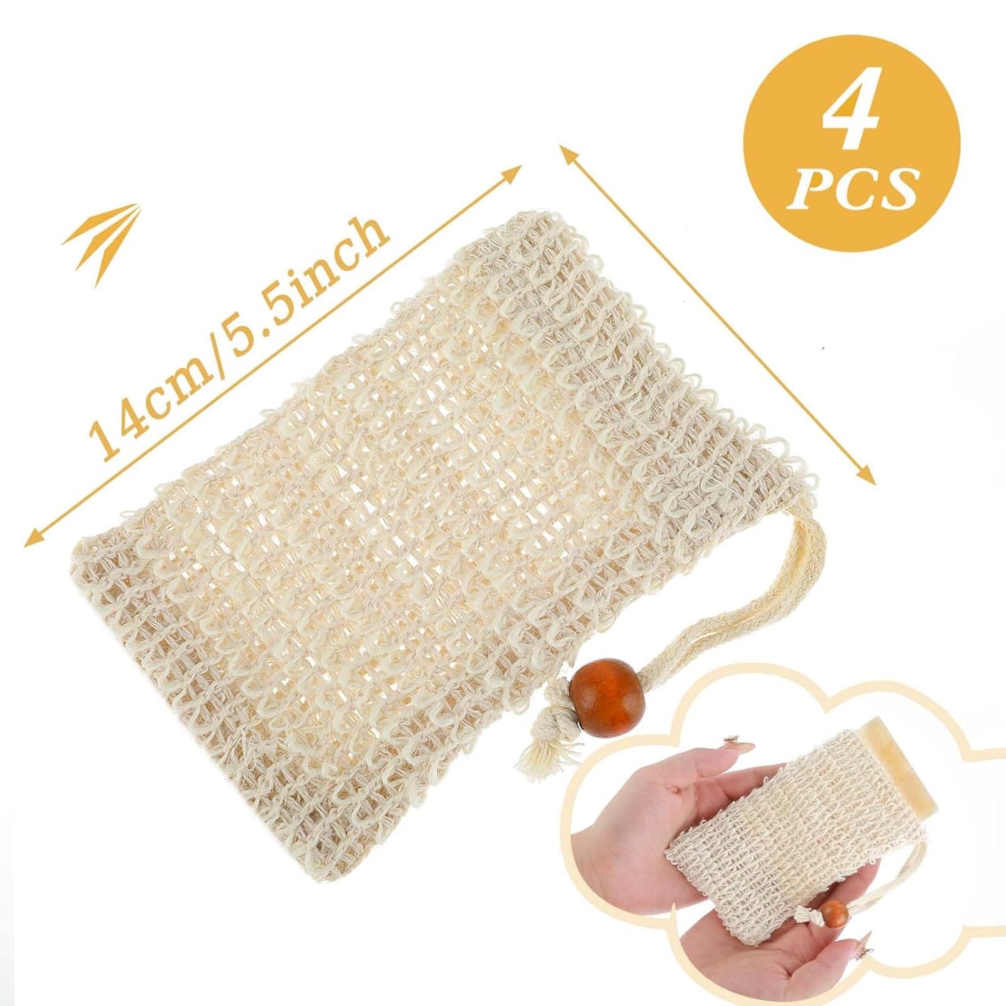 Dluxe Ave. 4Pack Soap Pouch 5.5x3.34 inch Cotton Soap Bags with Drawstring Exfoliating Natural Sisal Soap Saver Plastic-Free Soap Net Soap Saver Bag with Mesh Foaming and Drying The Soap for Bath and Shower