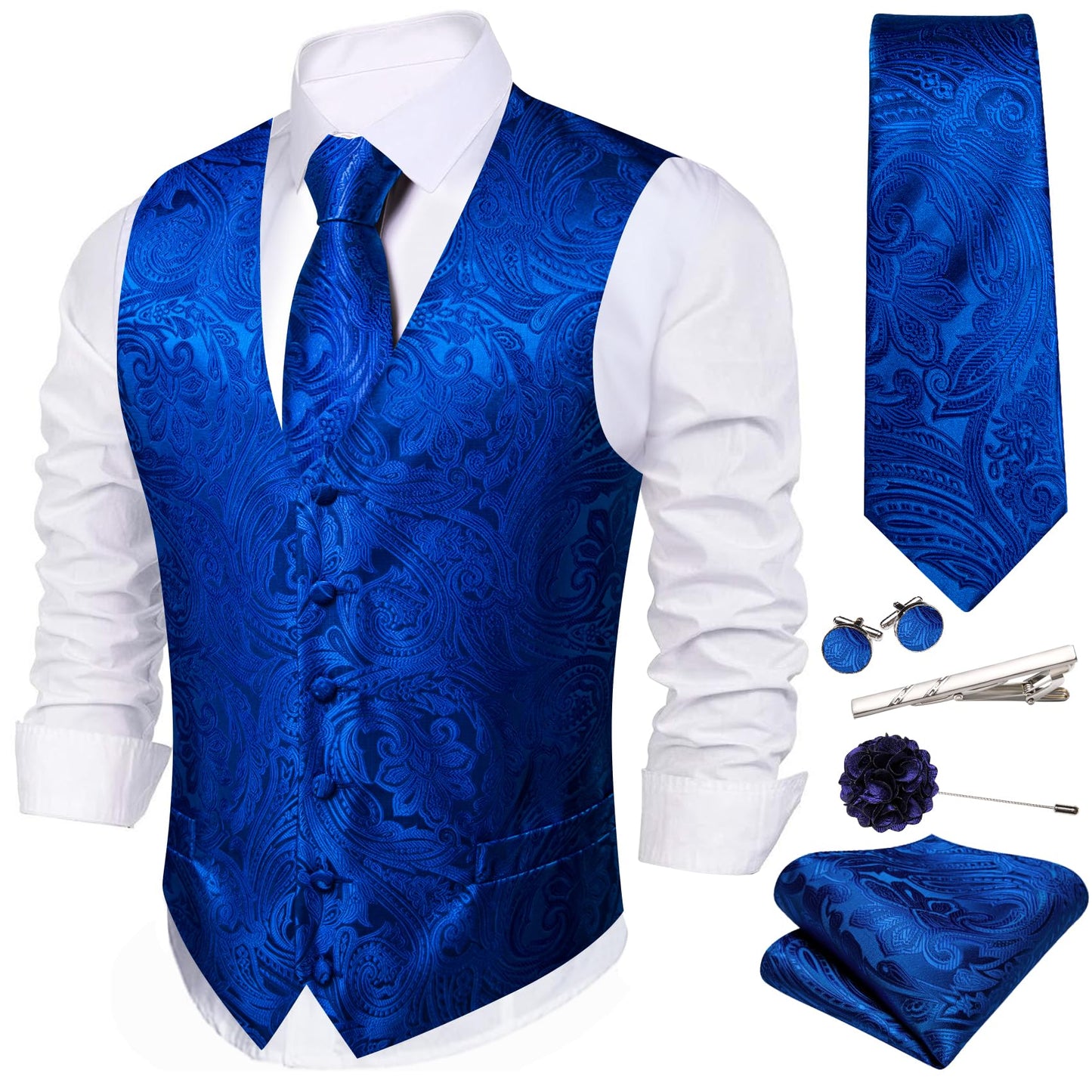 Dluxe Ave. (MEDIUM) Mens 6PCS Vest Tie Set/ Waistcoat with Handkerchief Clip Pin/ Royal Blue