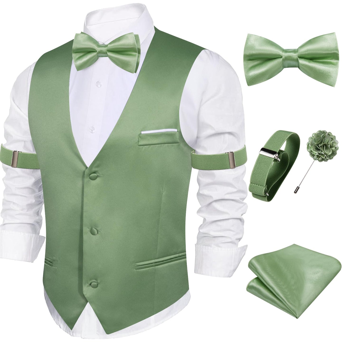 Dluxe Ave. (3X-LARGE) Mens Suit Vest/ V-Neck Silk Waistcoat/White Edges Slim Fit/ Sage Green