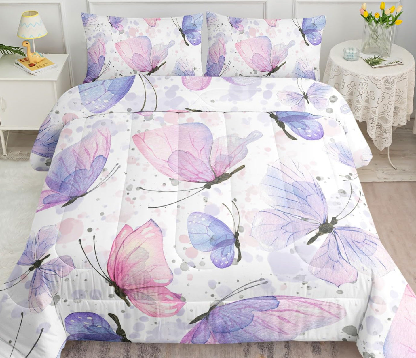 Dluxe Ave. ( TWIN ) 3 Pcs Comforter and Bedding Set/ for All Season/ Butterflies/ Pink & Purple