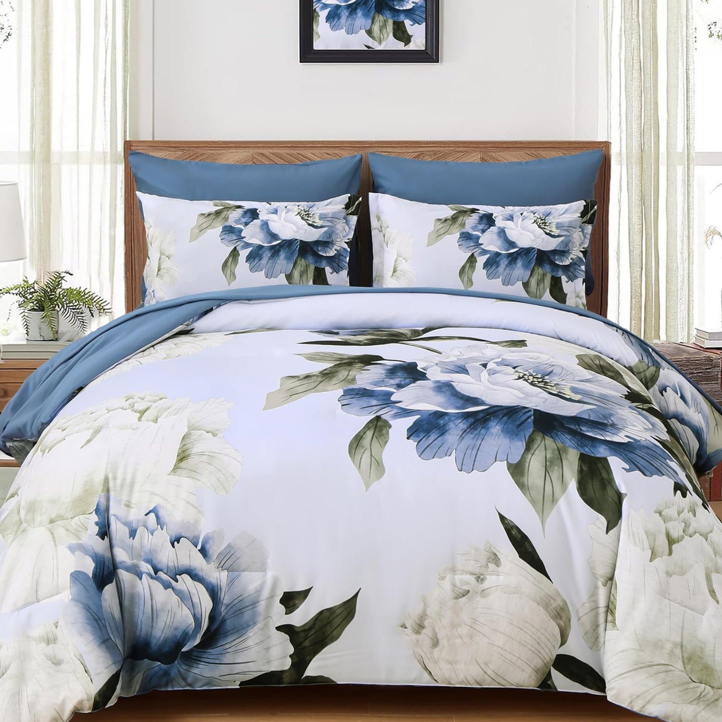 Dluxe Ave. ( FULL) 7 Piece Comforter Set with Sheets, for All Season/ Blue Floral