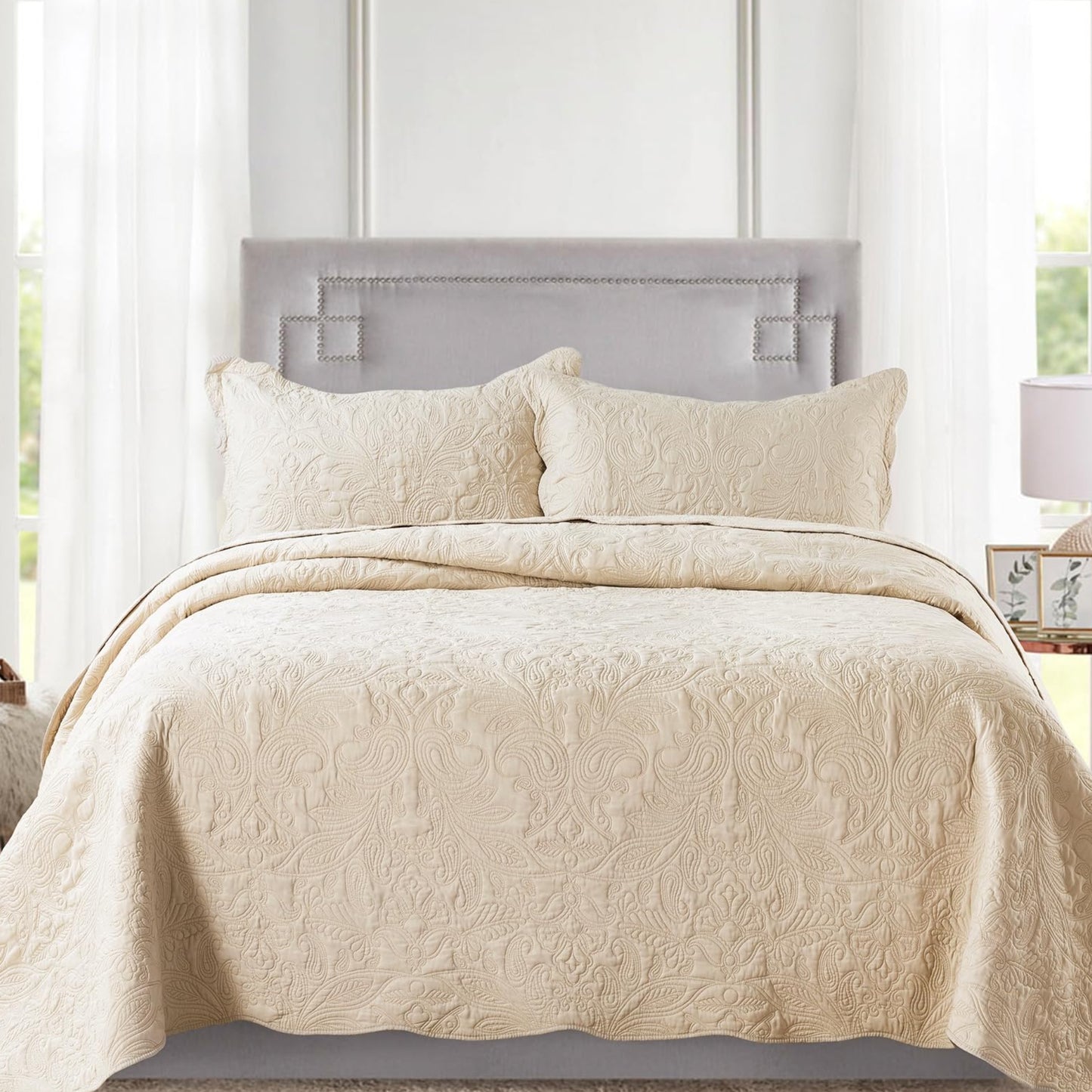 Dluxe Ave. ( KING ) 3 Pcs Quilt Set/ Embroidered Microfiber Bedspread/ Reversible Lightweight Paisley Pattern/ Khaki