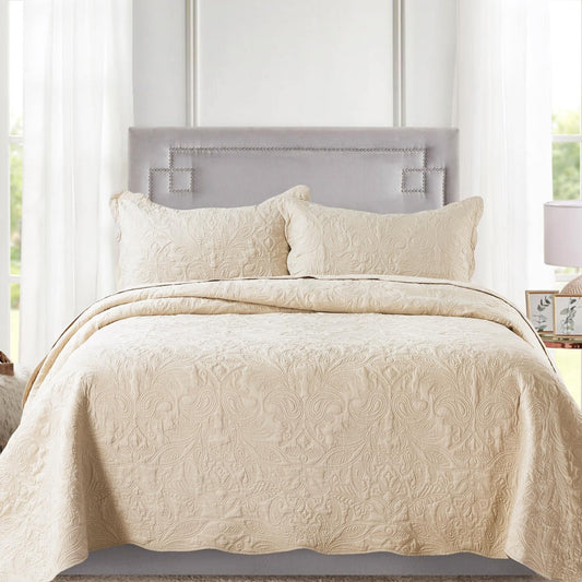 Dluxe Ave. ( KING ) 3 Pcs Quilt Set, Embroidered Microfiber Bedspread, Reversible Lightweight Paisley Pattern,/ Khaki