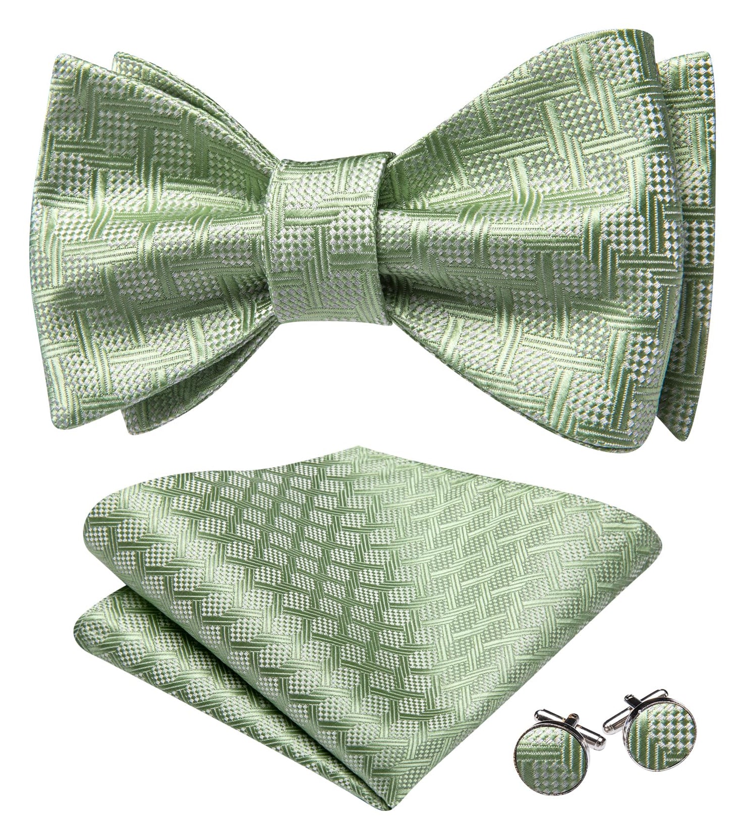 Dluxe Ave. Self Tie Bow Ties for Men Sage Green Bow Tie and Pocket Square Cufflinks Set