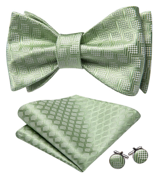 Dluxe Ave. Self Tie Bow Ties for Men Sage Green Bow Tie and Pocket Square Cufflinks Set