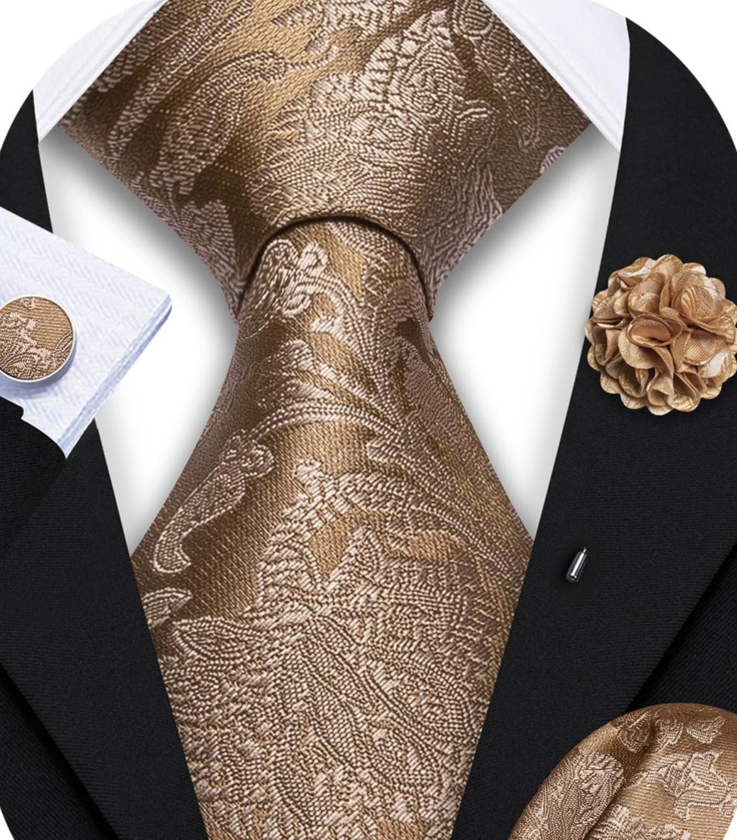 Dluxe Ave. Brown Clip on Tie with Lapel Pin for Men Floral Zipper Extra Long Pre-Tied Necktie Pocket Square