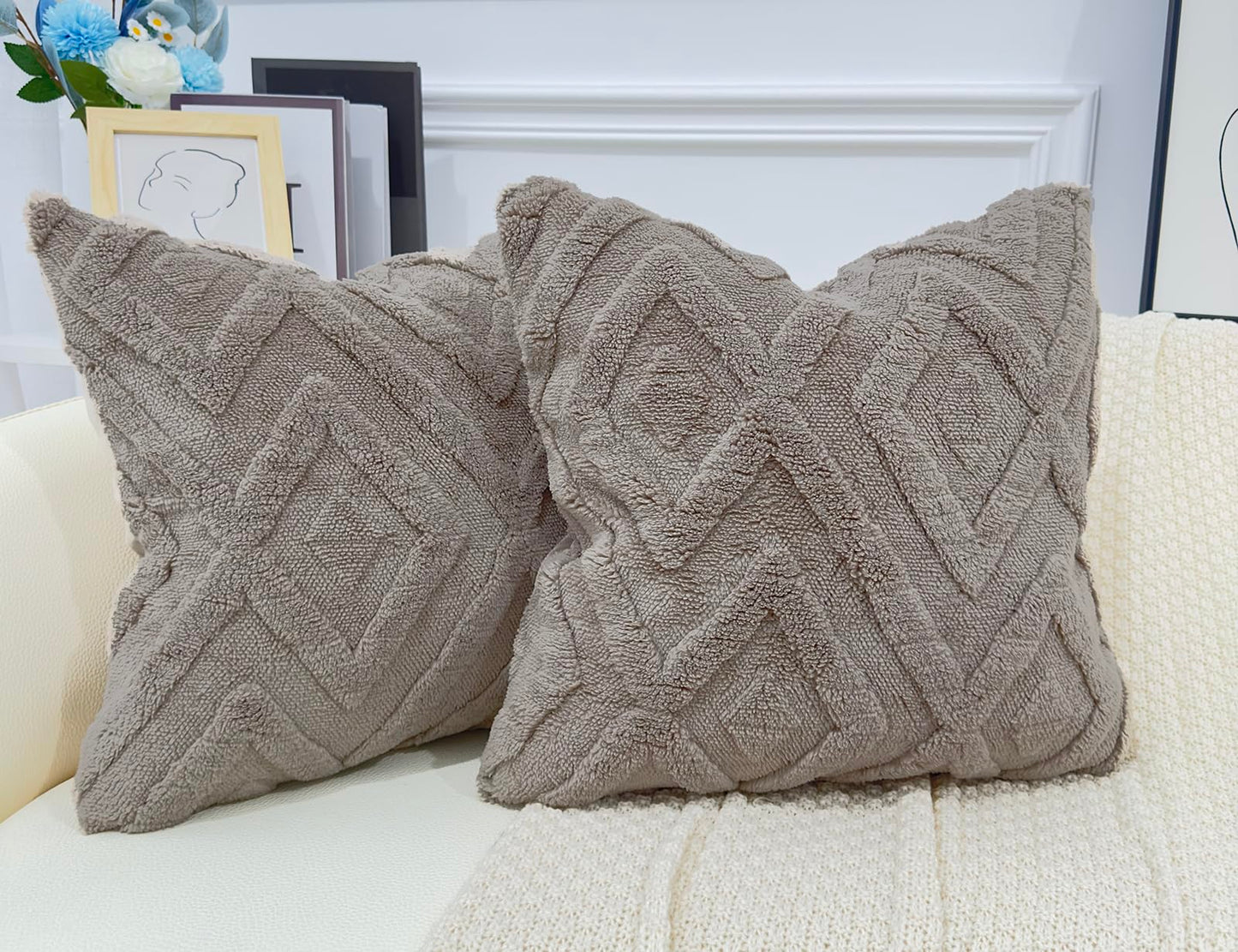 DRNOU Set of 2 Faux Fur Grey Taupe Throw Pillow Covers 20x20Soft Checkborad Pattern Decorative Boho Pillow Cover Case Cushion Cover for Sofa Couch Bed Livingroom FarmhouseModern Accent