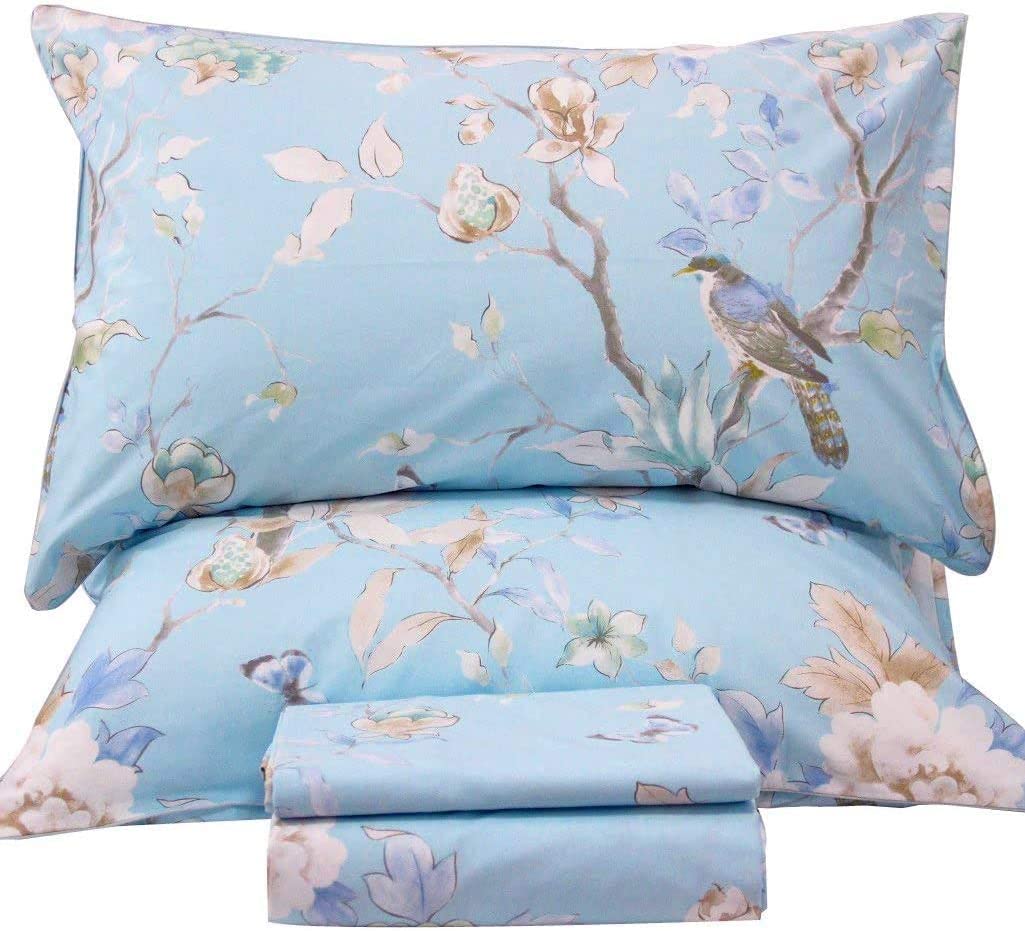 Dluxe Ave. ( CALI./ KING ) 4 Pcs 100% Egyptian Cotton Sheet Set, Luxury Cotton, Deep Pocket, Blue Bird Plant Pattern Botanical