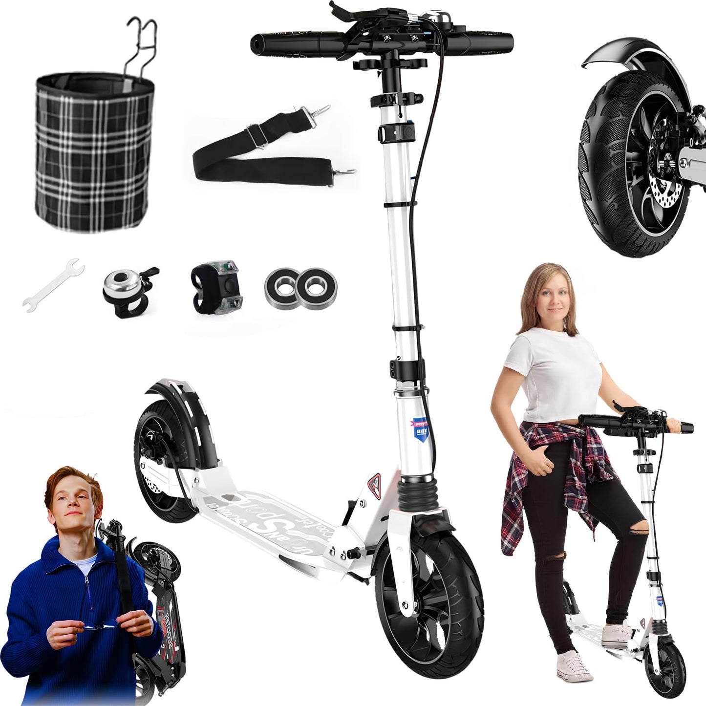 Dluxe Ave. CUIOT Kick Scooter for Ages 6+Kid Teens & Adults - Max Load 300 LBS 4 Adjustable Levels 200mm Big Wheel Folding Scooter White