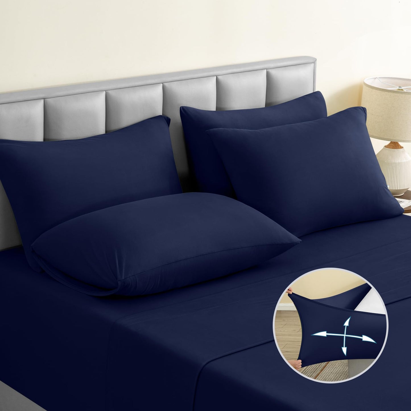 Dluxe Ave. ( FULL ) 6 Pcs Jersey Knit  Bed Sheet Set, Navy Blue