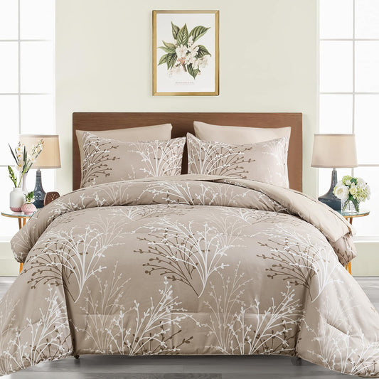 Dluxe Ave. ( KING ) 7 Pcs Branch Botanical Comforter Set with Sheets, All Season /Beige