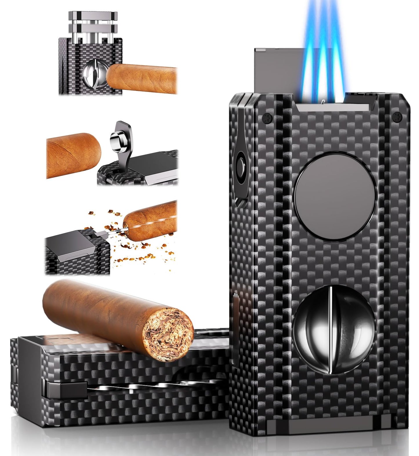 Dluxe Ave. 5-in-one Cigar Lighter with V-Cut Cigar Cutter/ Cigar Punch /Refillable Butane