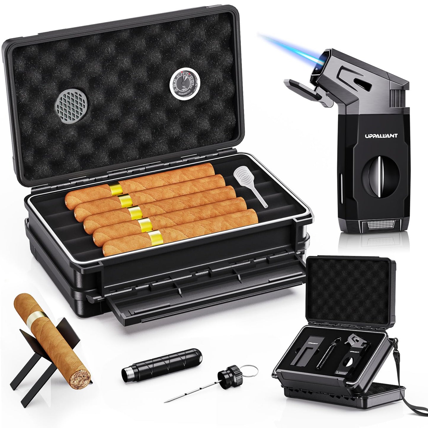 Dluxe Ave, Travel Cigar Humidor Case Set/ Double-sided Design with Cigar Lighter