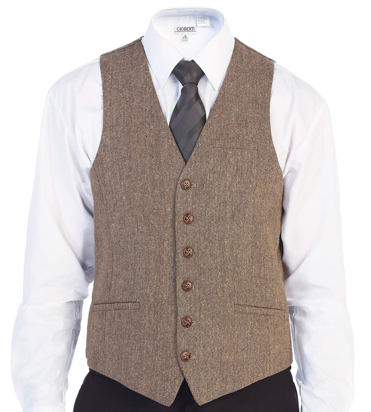 Dluxe Ave. (MEDIUM) Mens 6 Button Formal Herringbone Tweed Vest Barleycorn/ Tan