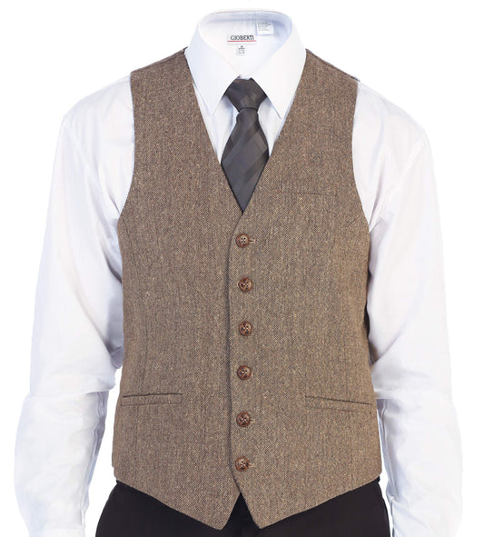 Dluxe Ave. (MEDIUM) Mens 6 Button Formal Herringbone Tweed Vest Barleycorn/ Tan