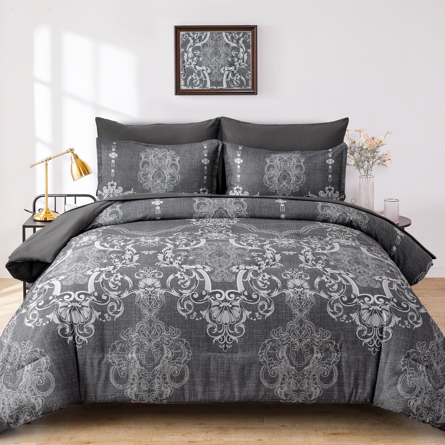 Dluxe Ave. ( QUEEN ) 7 Pcs Comforter Set/ Damask Bed in a Bag/ Lightweight for All Season (90"x90")