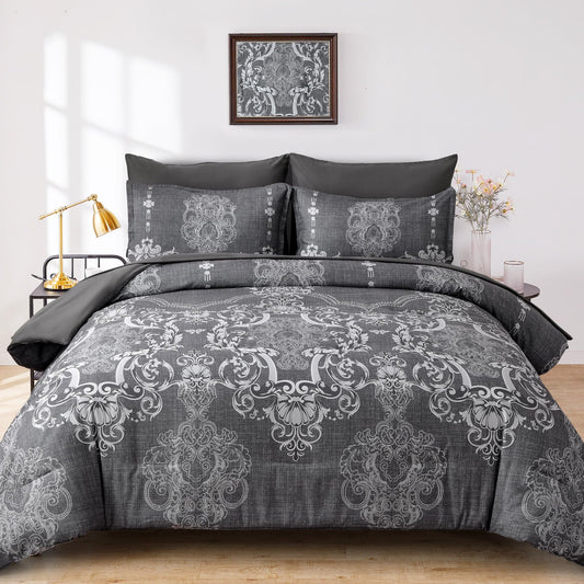 Dluxe Ave. ( QUEEN ) 7 Pcs Comforter Set/ Damask Bed in a Bag/ Lightweight for All Season (90"x90")