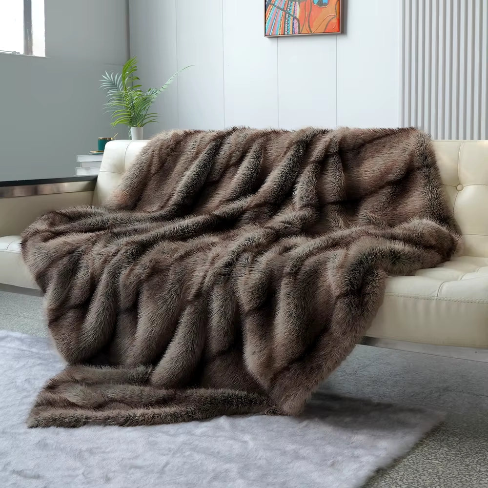 Dluxe Ave. High-End Faux Fur Blanket, Elegant Plaid Design for Beds and Sofas