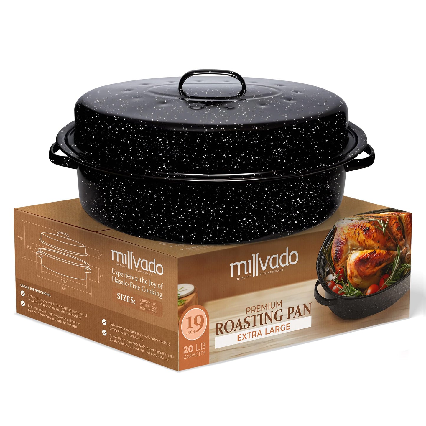 Dluxe Ave. Roasting Pan With Lid  Turkey Roaster Pan Extra Large 20 lb Capacity 19" Granite Oven Steel Cookware