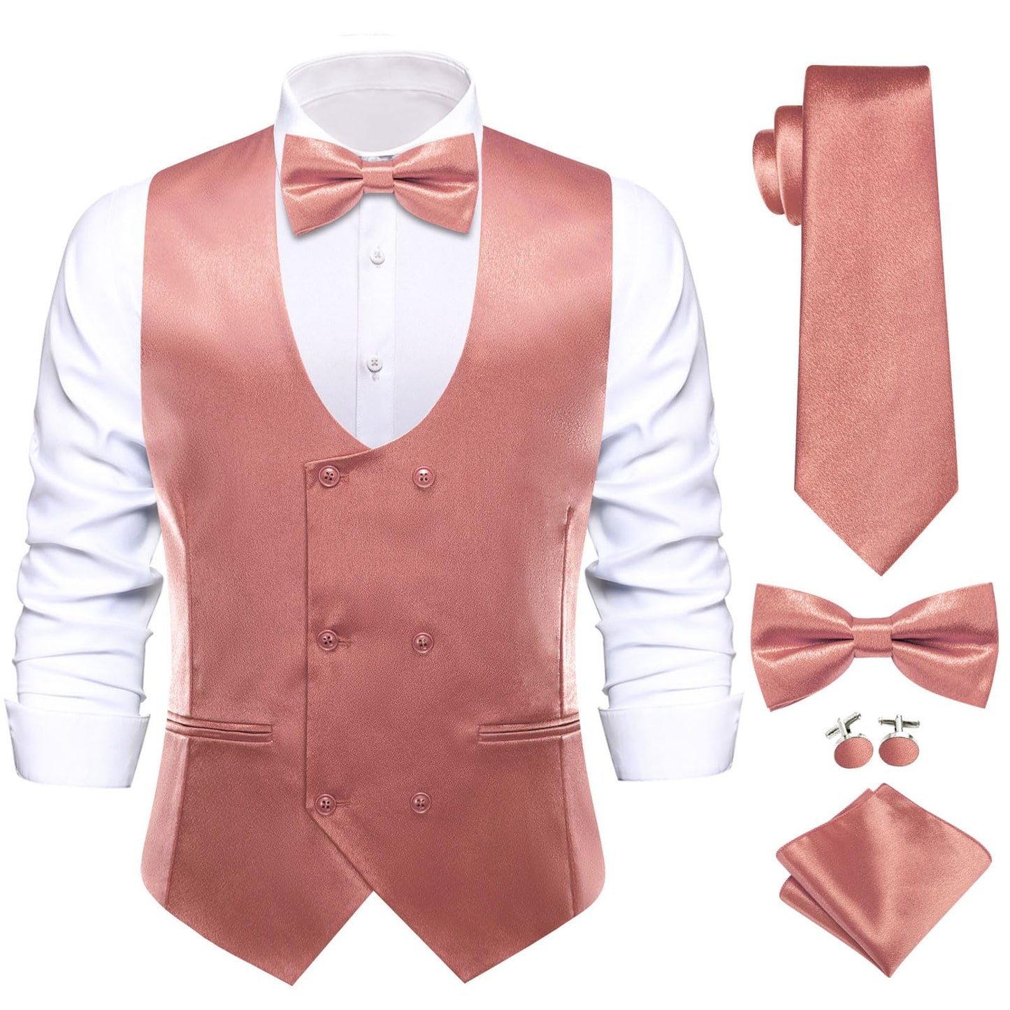 Dluxe Ave. (LARGE) Mens Solid Double-Breasted Suit Vest Tie Bowtie/ 5PC Set U-Neck/ Coral