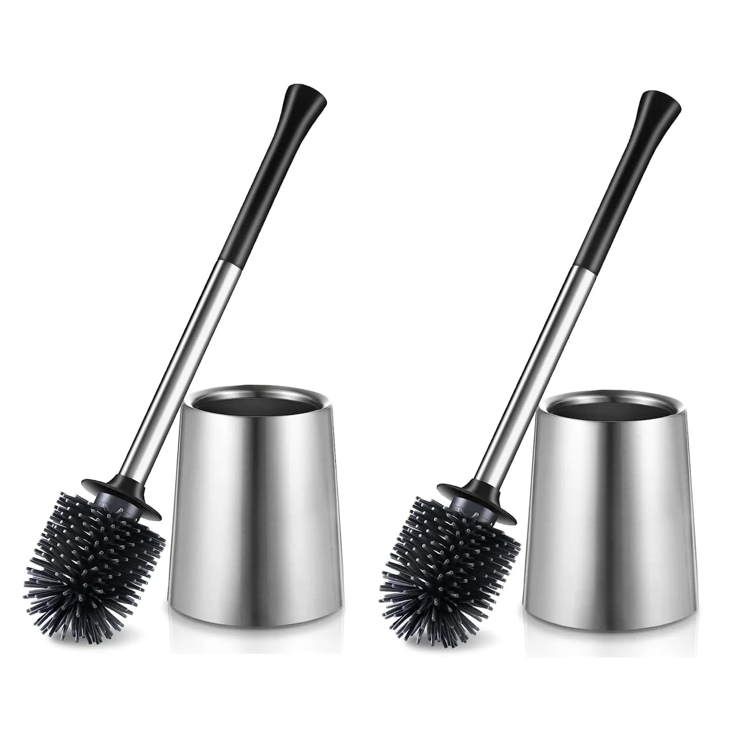 Dluxe Ave. HAMITOR Toilet Bowl Brush Holder Set: 2Pack Silicone Stainless Steel Deep Cleaning Toilet Cleaner Brush for Bathroom Restroom - Compact Modern Rv Toilet Scrubber Accessories with Caddy