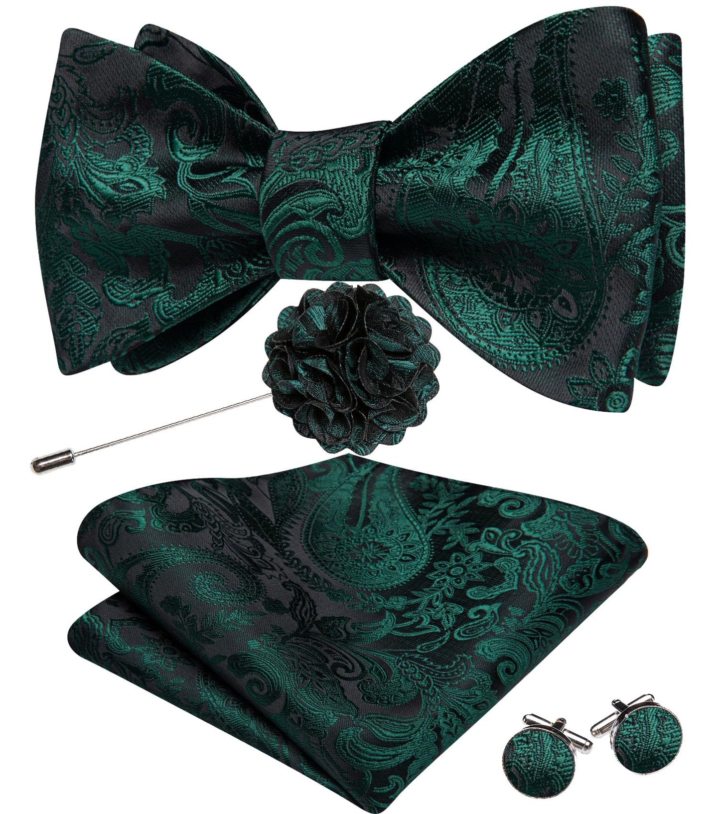 Dluxe Ave. Mens Bow Tie Set with Lapel Pin Brooch Dark Green Silk Self Tie Bowtie Handkerchief Cufflinks
