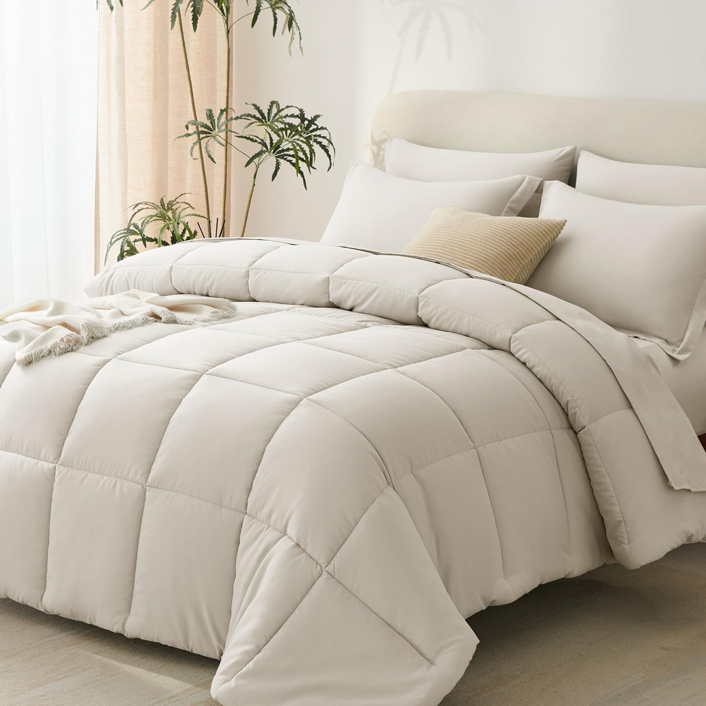 Dluxe Ave. ( FULL ) 7 Pcs Comforter Set, Box Stitch, for All Season/ Beige