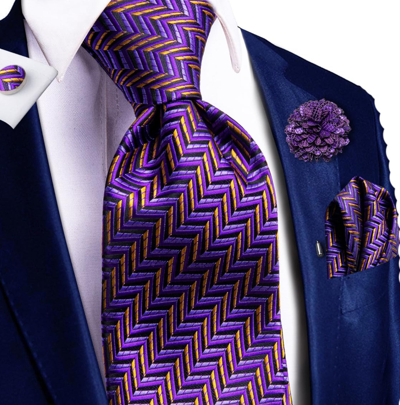 Dluxe Ave. Mens Silk Ties Lapel Pin Handkerchief Cufflinks Set Purple Stripe