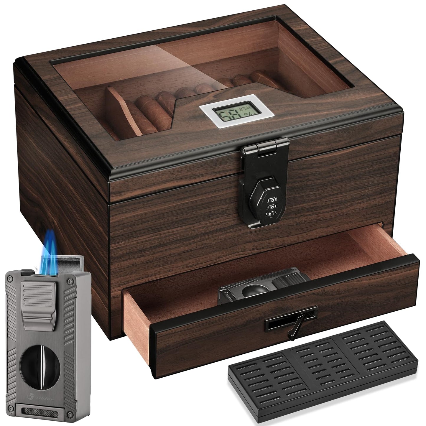Dluxe Ave. Cigar Humidor and Cigar Lighter Kit/ Cedar Wood