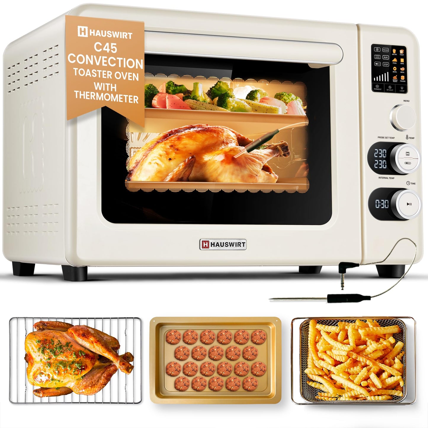 Dluxe Ave. Oven with Thermometer 42QT XL Large Capacity Oven Double Bake 8 Menu Modes Countertop/ Cream White