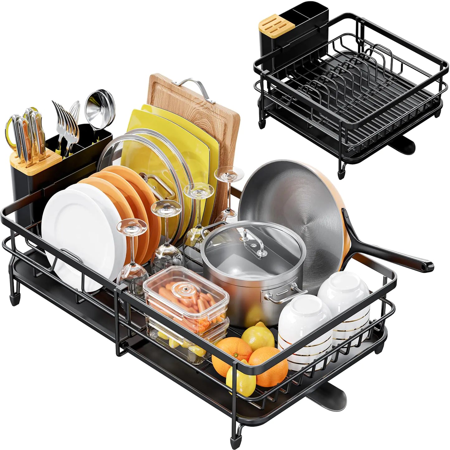 Dluxe Ave. Expandable Dish Drying Rack for Kitchen Counter/ Large Extendable with Bamboo Cover