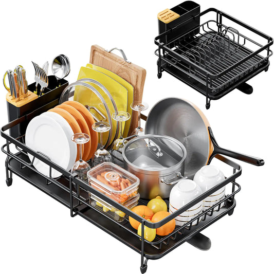 Dluxe Ave. Expandable Dish Drying Rack for Kitchen Counter/ Large Extendable with Bamboo Cover