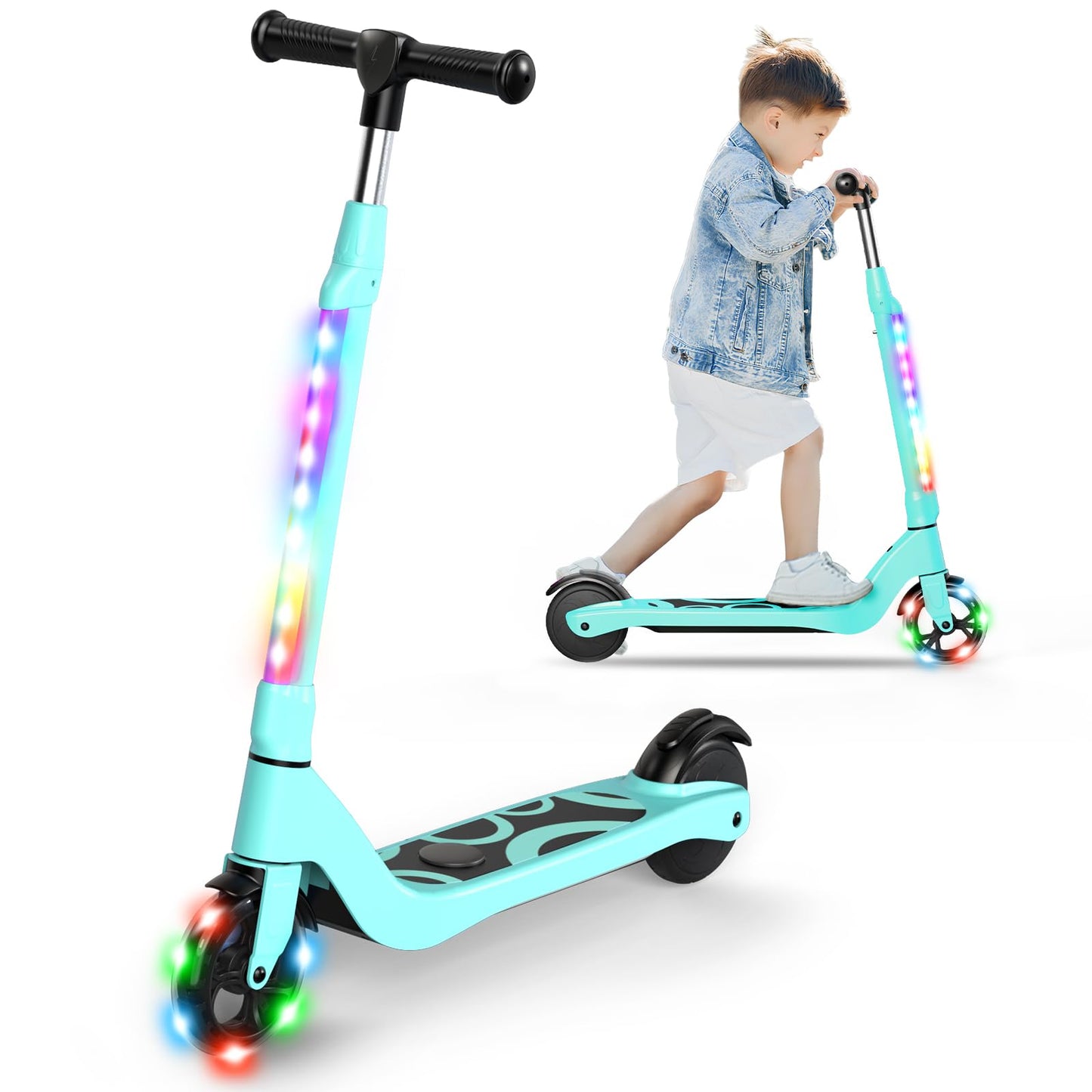 Dluxe Ave. EPCTEK Electric Scooter 6 Mph Top Speed Up to 5 Miles Range 5.3" Solid Tires Wheel and Front Light Kick Scooter Adjustable Height for Kids Age 6-12 Green