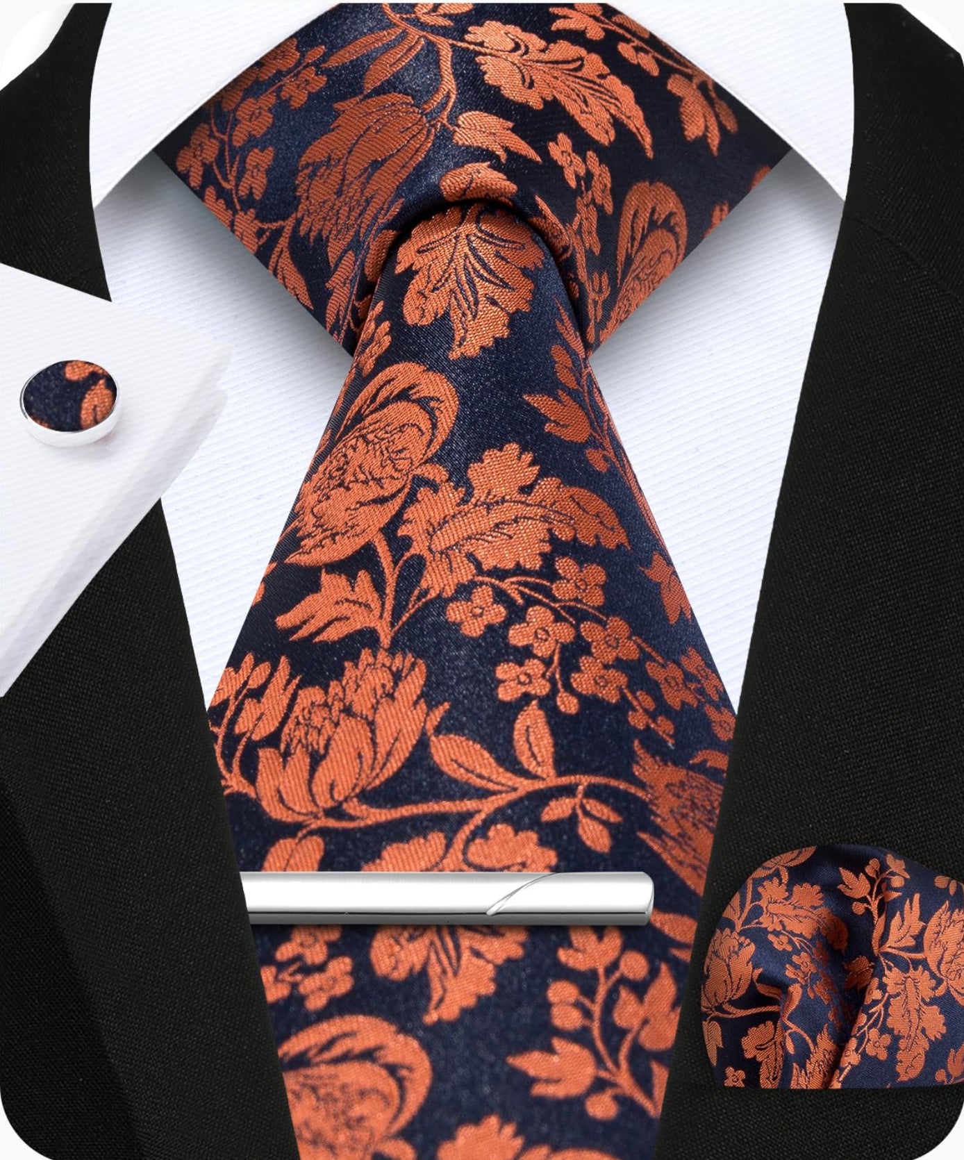 Dluxe Ave. Burnt Orange Tie Black Ties for Men Silk Mens Tie Floral Necktie with Pocket Square Cufflinks Tie Clip Set 4PCS
