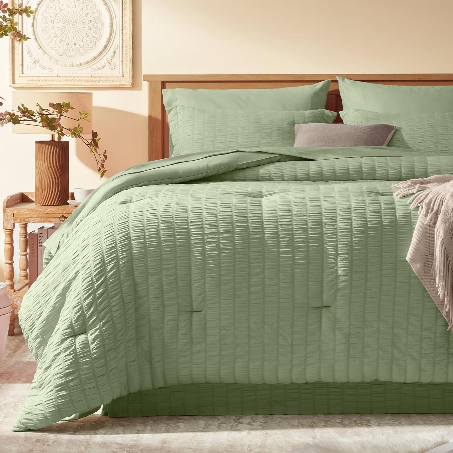 Dluxe Ave. ( QUEEN ) 8 PcsComforter Set/ Seersucker Bed in a Bag/ Sage Green