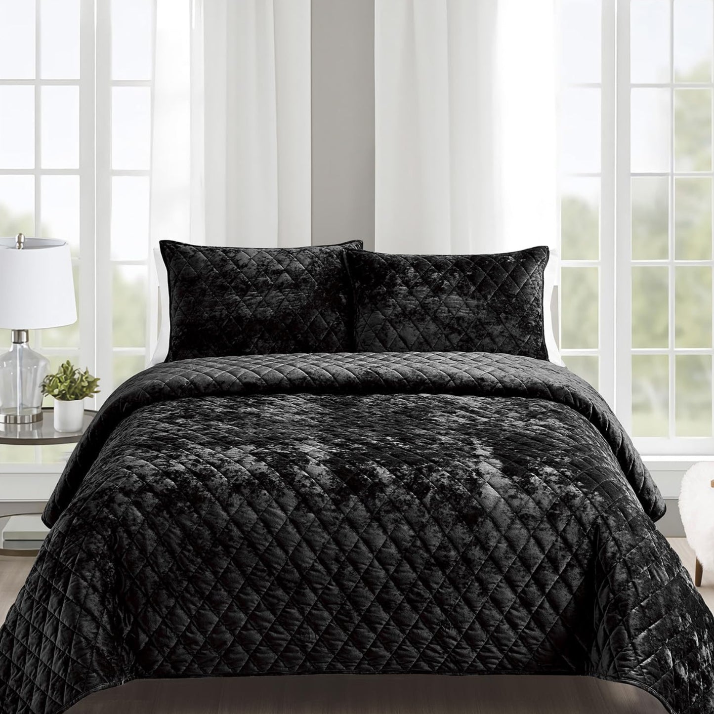 Dluxe Ave. ( QUEEN ) 3 Pcs Distressed Velvet Quilt Set, Reverse with Diamond Quilting, Black
