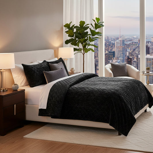 Dluxe Ave. (Cali. King) 3 Pcs Distressed Velvet Quilt Set, Reverse with Diamond Quilting, Black