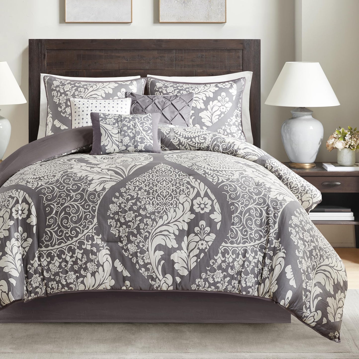 Dluxe Ave. (  CALI./ KING) 7 Pcs Vienna Sateen Cotton Comforter Set/ for All Season Down Alternative/ Grey
