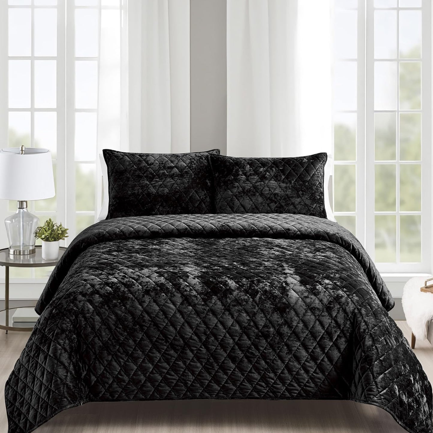 Dluxe Ave. ( QUEEN ) 3 Pcs Distressed Velvet Quilt Set, Reverse with Diamond Quilting, Black