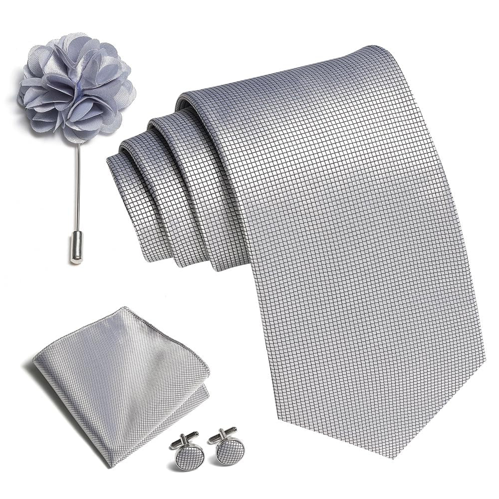 Dluxe Ave. Solid Color Ties Set Men Handkerchief Cufflinks Brooch 3.15 inches Classic Formal Necktie Pocket Square Set (Sliver)