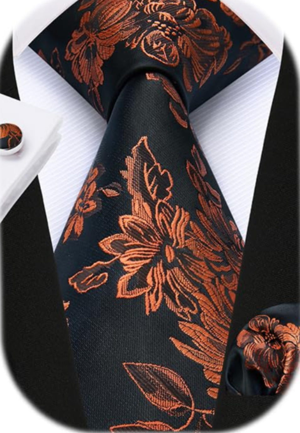 Dluxe Ave. Mens Ties Orange Tie Orange & Black Floral Tie for Men Pocket Square Cufflinks Set