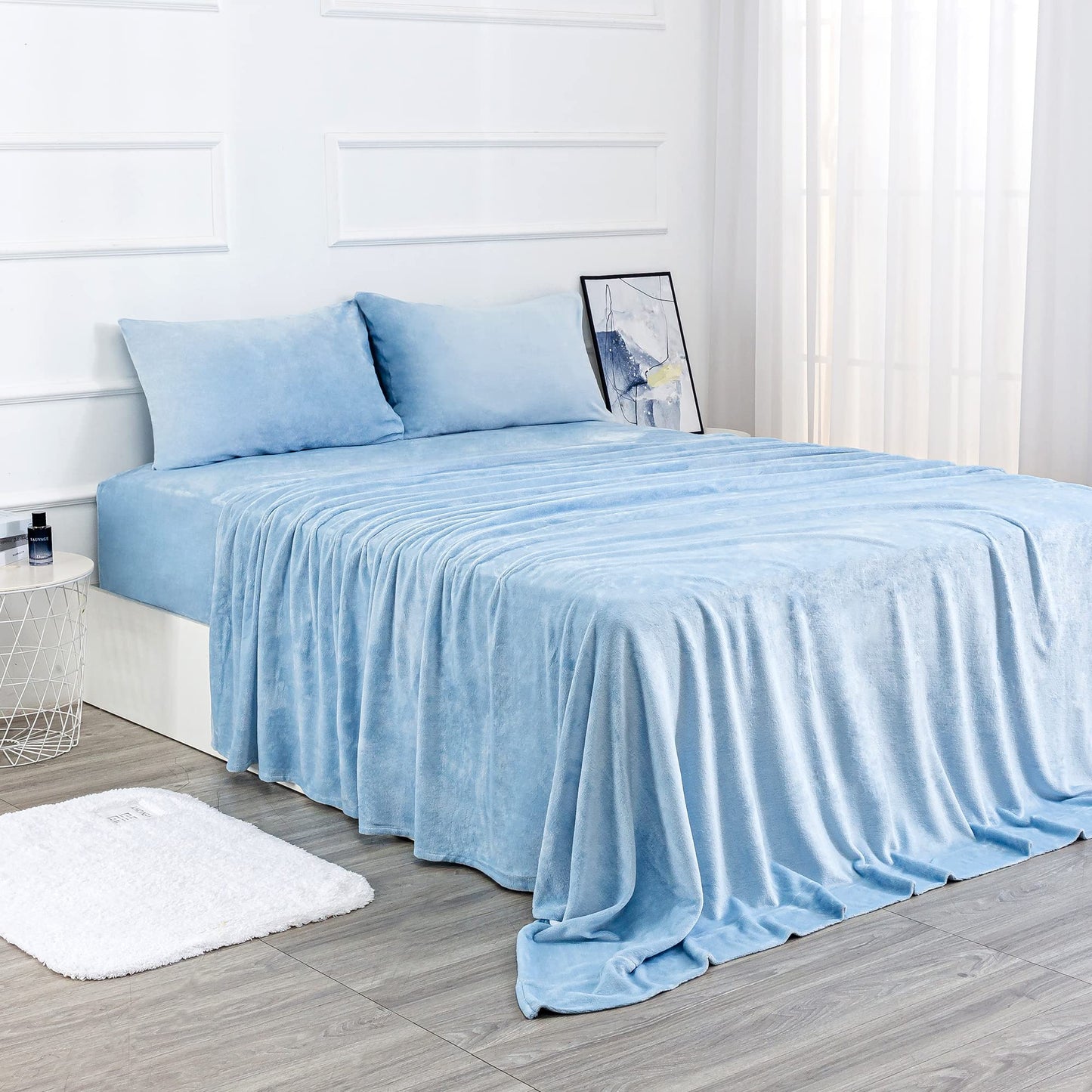 Dluxe Ave ( TWIN ) 3 Pcs Fleece Bed Sheet Set, Velvet Plush Sheets, Blue