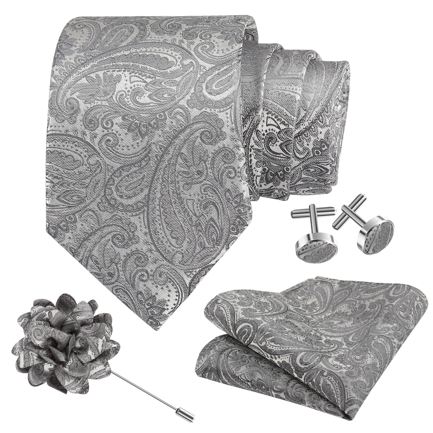 Dluxe Ave. Mens Grey Paisley Tie/ Necktie and Lapel Pin Woven Handkerchief Cufflinks Set/ Grey