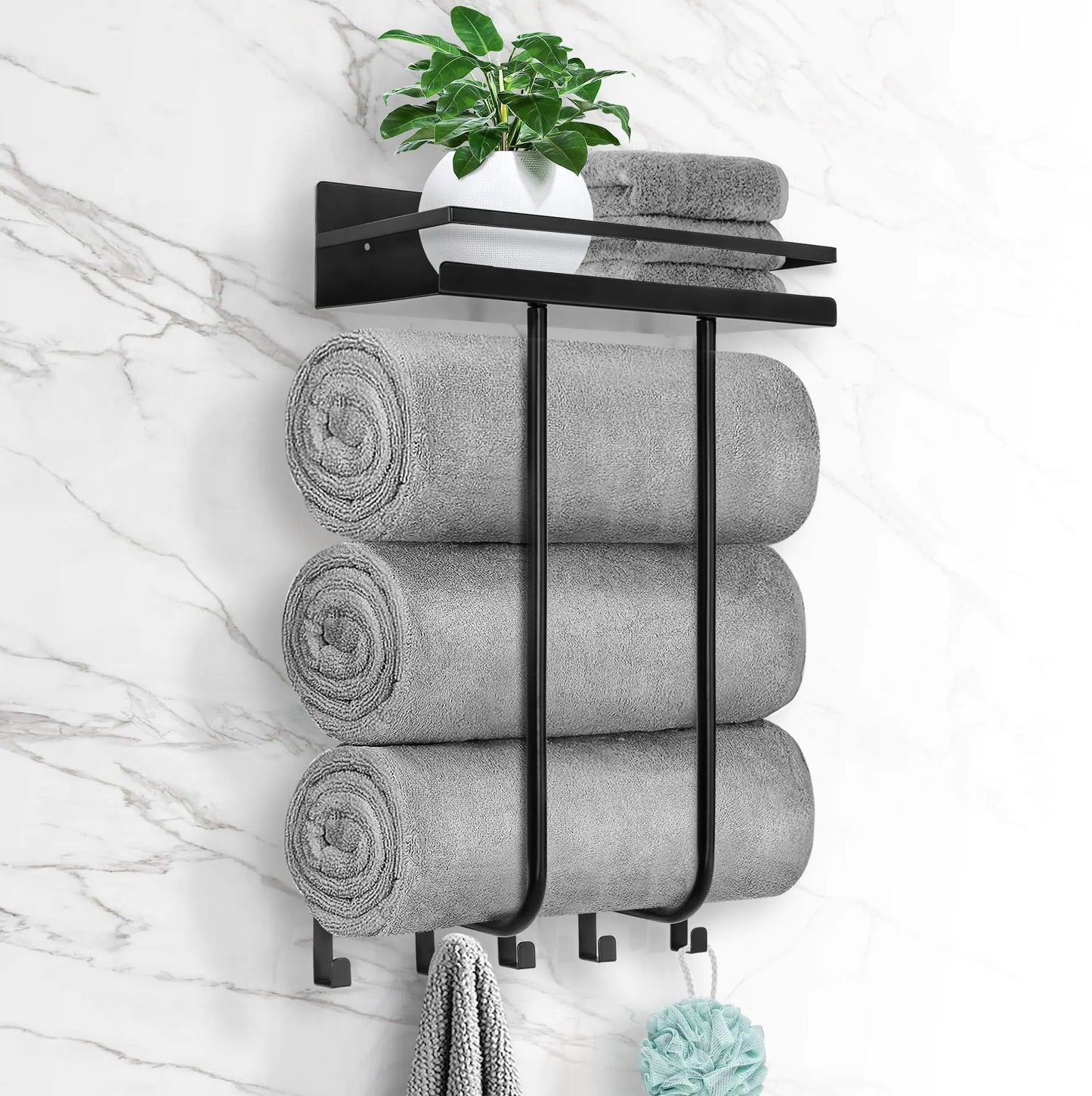 Dluxe Ave. Towel Racks for Bathroom Towel Rack Wall Mounted with Metal Shelf and 5 Hooks for Small Bathroom Towel Black