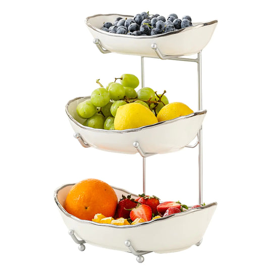 Dluxe Ave. 3 Tier Ceramic Fruit Bowl for Kitchen Counter/Small (Silver-rimmed)
