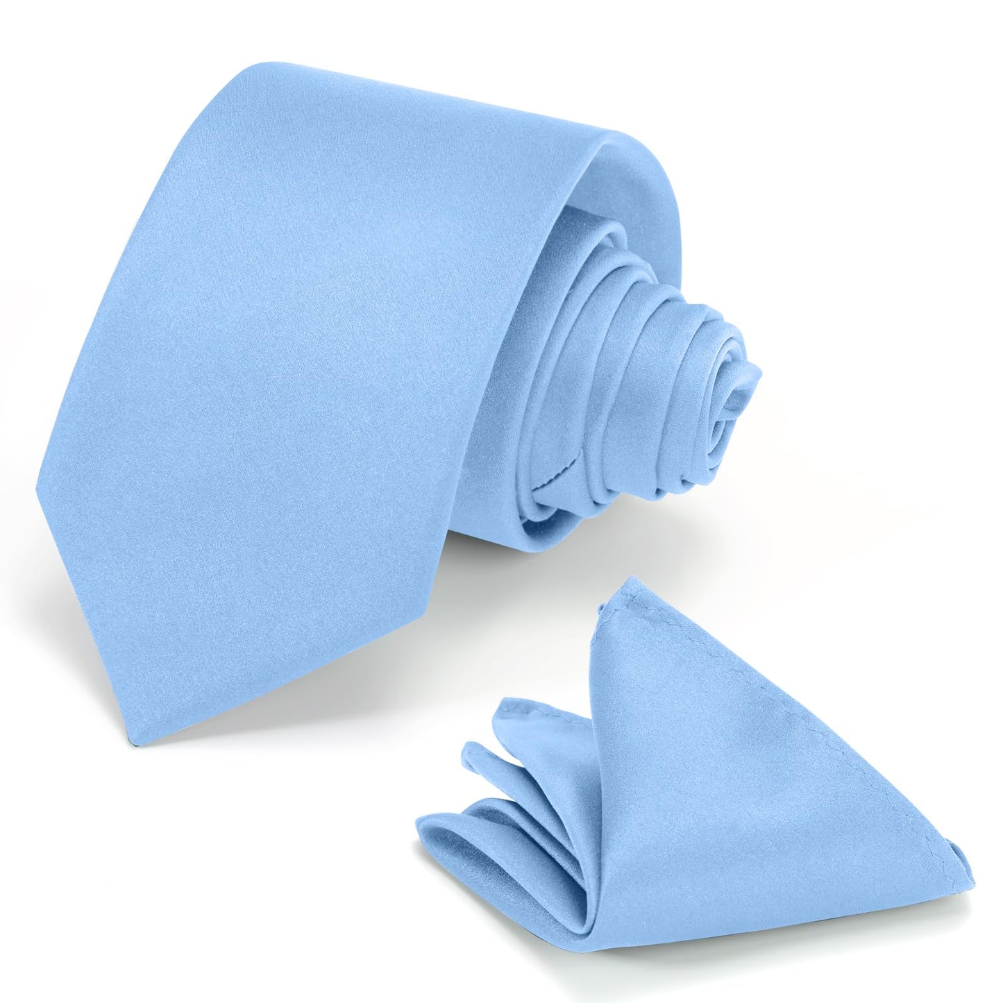 Dluxe Ave. Mens Tie Set Solid Color 3.15" (8CM) Light Blue Formal Necktie and Pocket Square Set