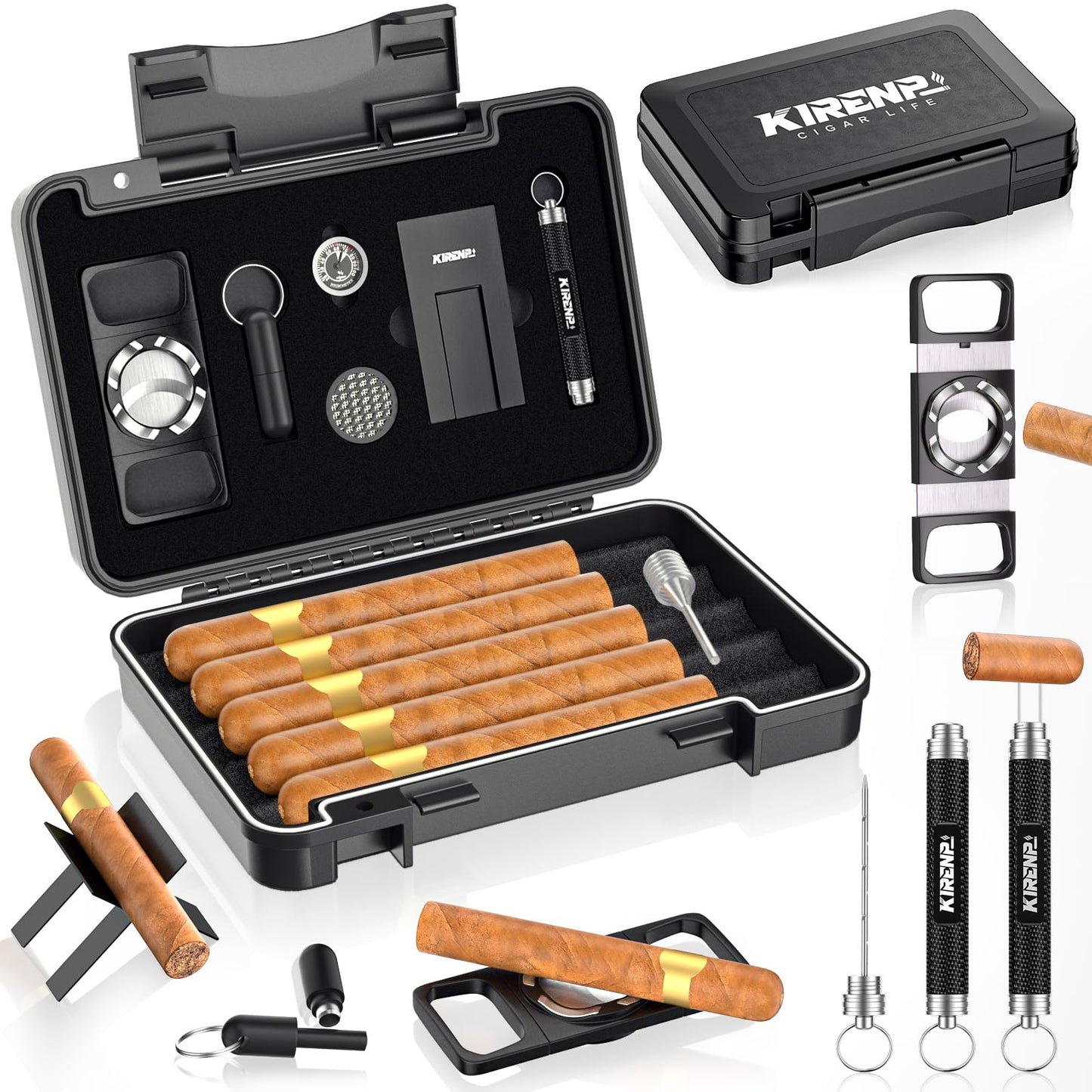 Dluxe Ave. Travel Cigar Humidor Set/ Cutter/ Cigar Punch /Hygrometer & Humidifier